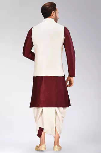 Mahroon dupon art silk kurta, jacket with matching dhoti