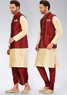 Fawn dupon art silk kurta, jacket with matching dhoti and churidar 4