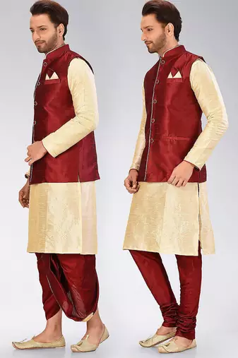 Fawn dupon art silk kurta, jacket with matching dhoti and churidar