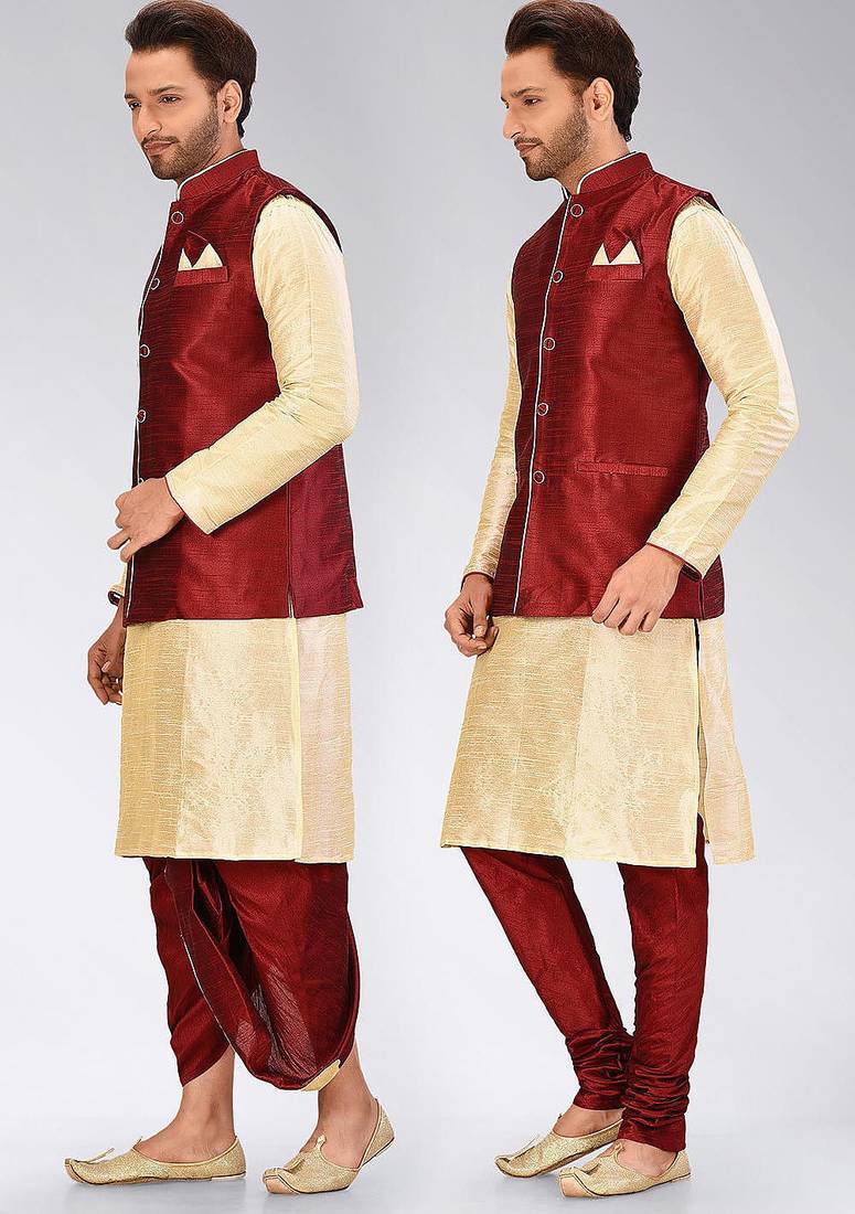 Fawn dupon art silk kurta, jacket with matching dhoti and churidar