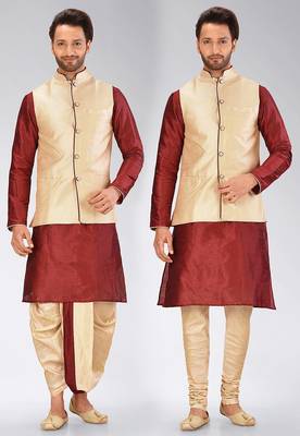 Red dupon art silk kurta, jacket with matching dhoti and churidar 1