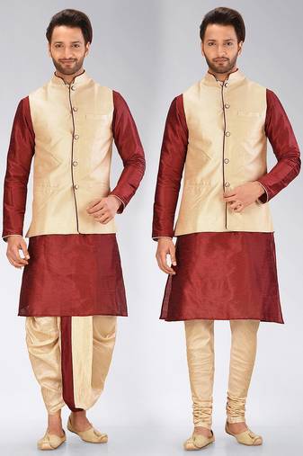 Red dupon art silk kurta, jacket with matching dhoti and churidar