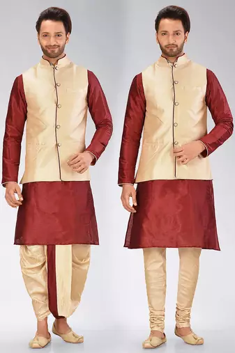 Red dupon art silk kurta, jacket with matching dhoti and churidar