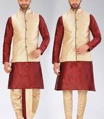 Red dupon art silk kurta, jacket with matching dhoti and churidar