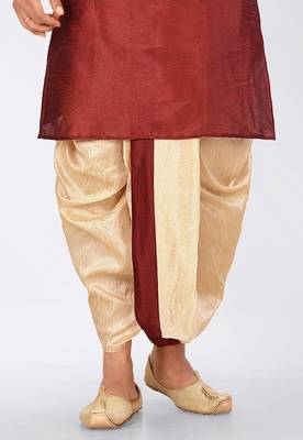 Red dupon art silk kurta, jacket with matching dhoti and churidar 2