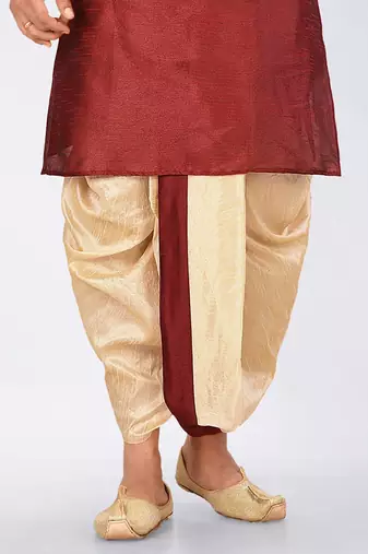 Red dupon art silk kurta, jacket with matching dhoti and churidar