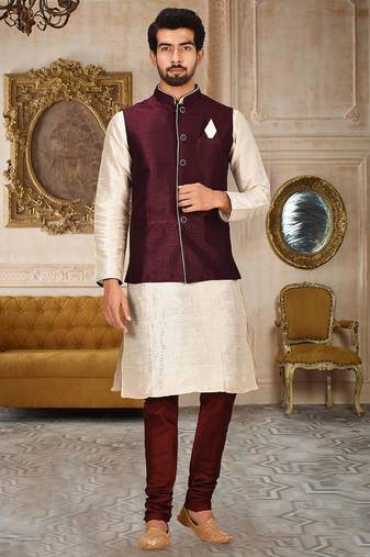 Mahroon dupon art silk kurta, jacket with matching churidar