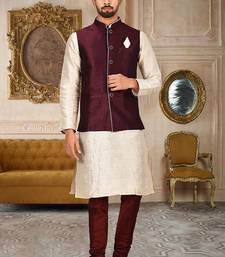Mahroon dupon art silk kurta, jacket with matching churidar