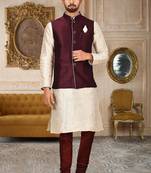 Mahroon dupon art silk kurta, jacket with matching churidar
