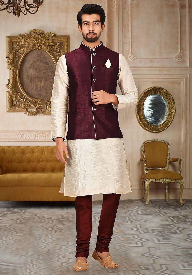 Mahroon dupon art silk kurta, jacket with matching churidar