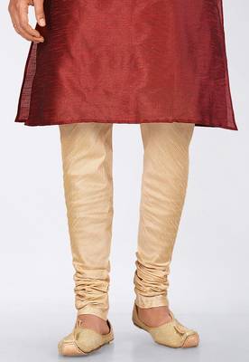 Red dupon art silk kurta, jacket with matching dhoti and churidar 3