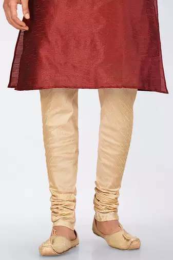 Red dupon art silk kurta, jacket with matching dhoti and churidar