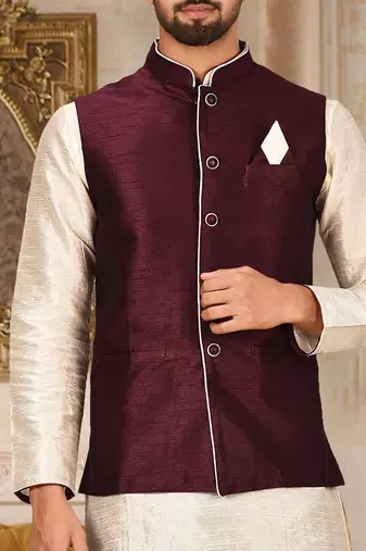 Mahroon dupon art silk kurta, jacket with matching churidar