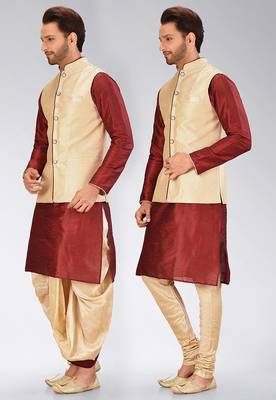 Red dupon art silk kurta, jacket with matching dhoti and churidar 4