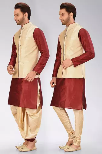 Red dupon art silk kurta, jacket with matching dhoti and churidar
