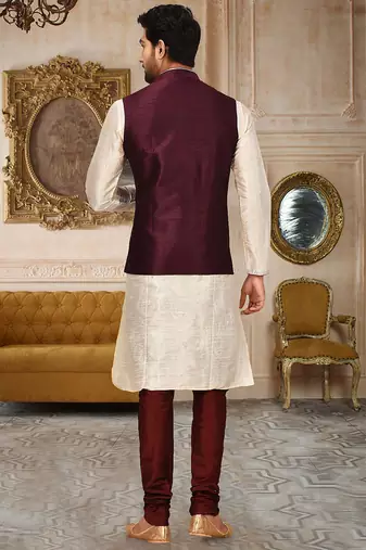 Mahroon dupon art silk kurta, jacket with matching churidar