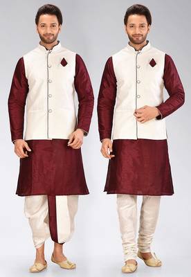 Maroon dupon art silk kurta, jacket with matching dhoti and churidar 1