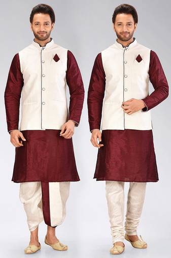 Maroon dupon art silk kurta, jacket with matching dhoti and churidar