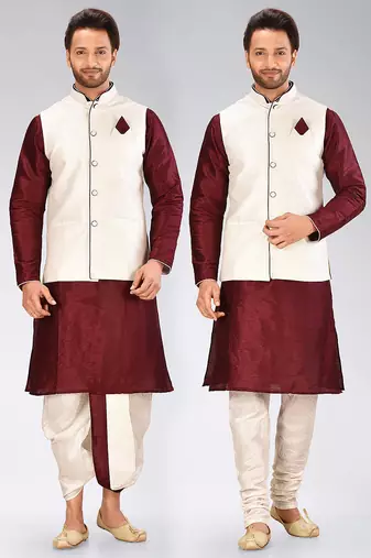 Maroon dupon art silk kurta, jacket with matching dhoti and churidar