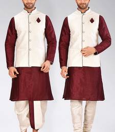 Maroon dupon art silk kurta, jacket with matching dhoti and churidar