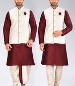 Maroon dupon art silk kurta, jacket with matching dhoti and churidar