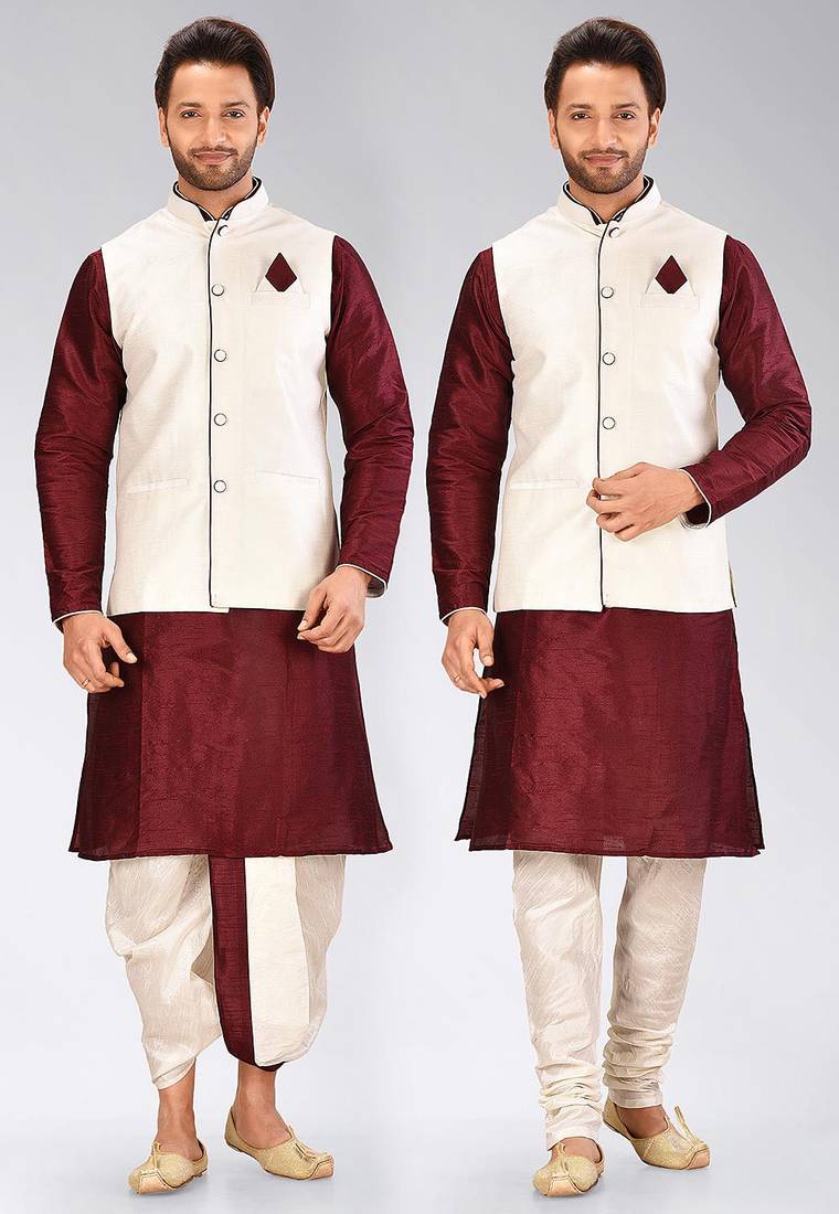 Maroon dupon art silk kurta, jacket with matching dhoti and churidar