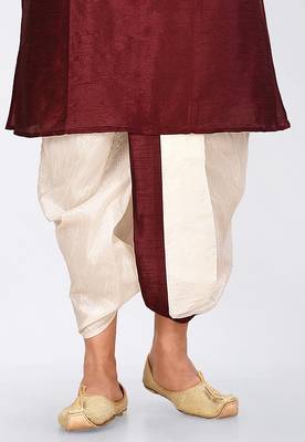 Maroon dupon art silk kurta, jacket with matching dhoti and churidar 2