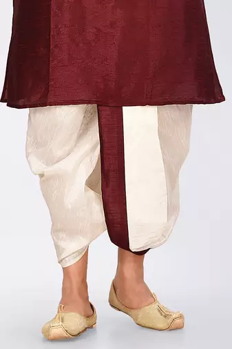 Maroon dupon art silk kurta, jacket with matching dhoti and churidar