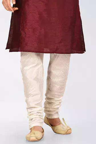 Maroon dupon art silk kurta, jacket with matching dhoti and churidar