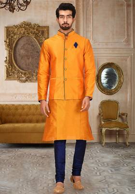 Royal blue dupon art silk kurta, jacket with matching churidar 1