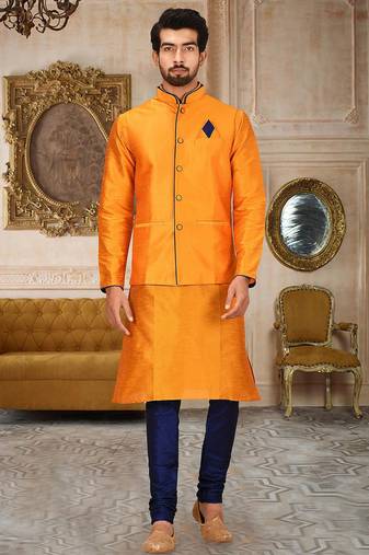 Royal blue dupon art silk kurta, jacket with matching churidar