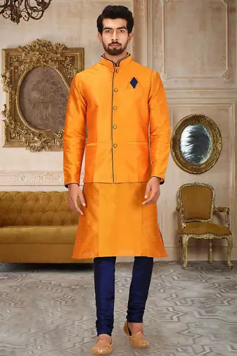 Royal blue dupon art silk kurta, jacket with matching churidar