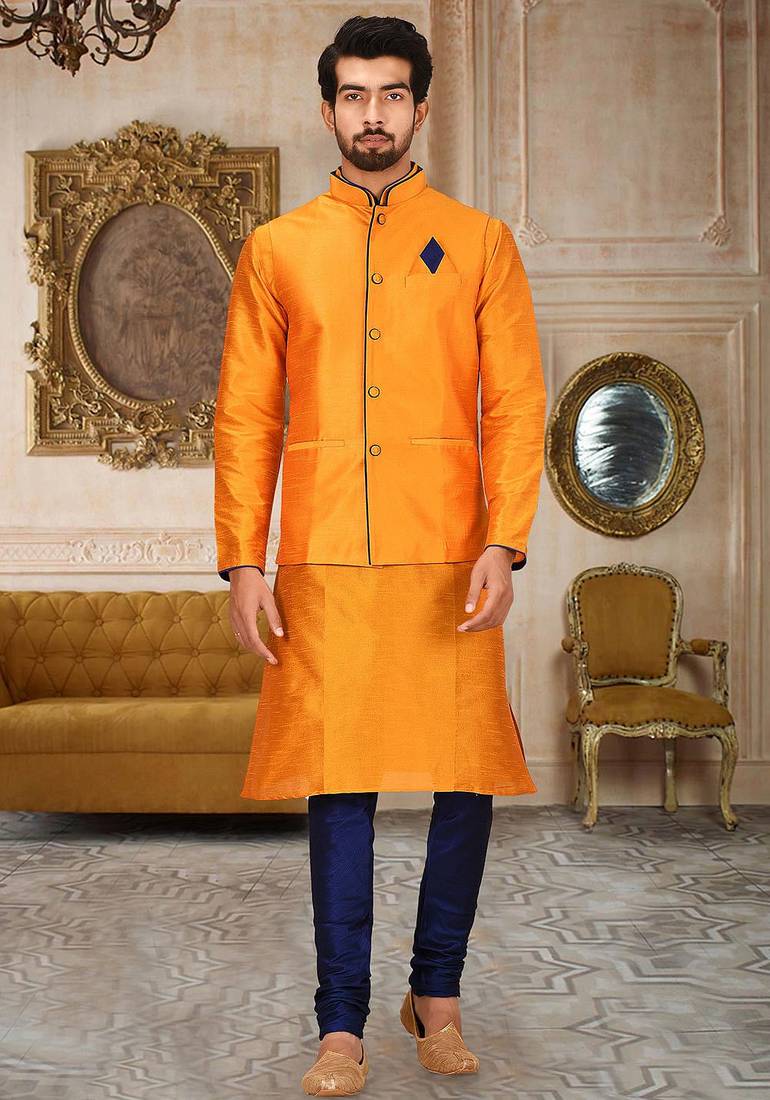 Royal blue dupon art silk kurta, jacket with matching churidar
