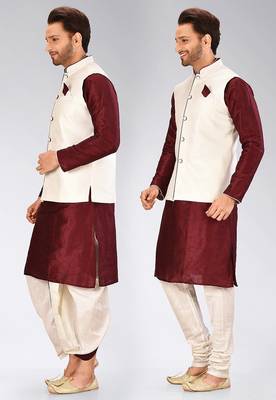 Maroon dupon art silk kurta, jacket with matching dhoti and churidar 4