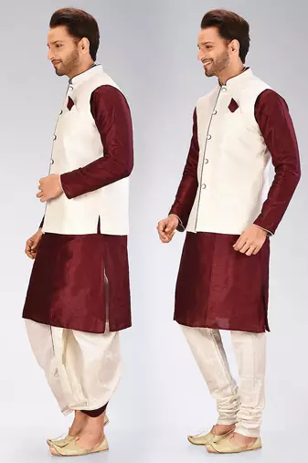 Maroon dupon art silk kurta, jacket with matching dhoti and churidar