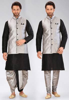 Black dupon art silk kurta, jacket with matching dhoti and churidar 1