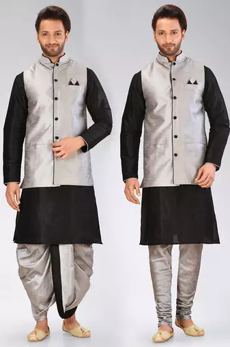 Black dupon art silk kurta, jacket with matching dhoti and churidar