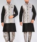 Black dupon art silk kurta, jacket with matching dhoti and churidar