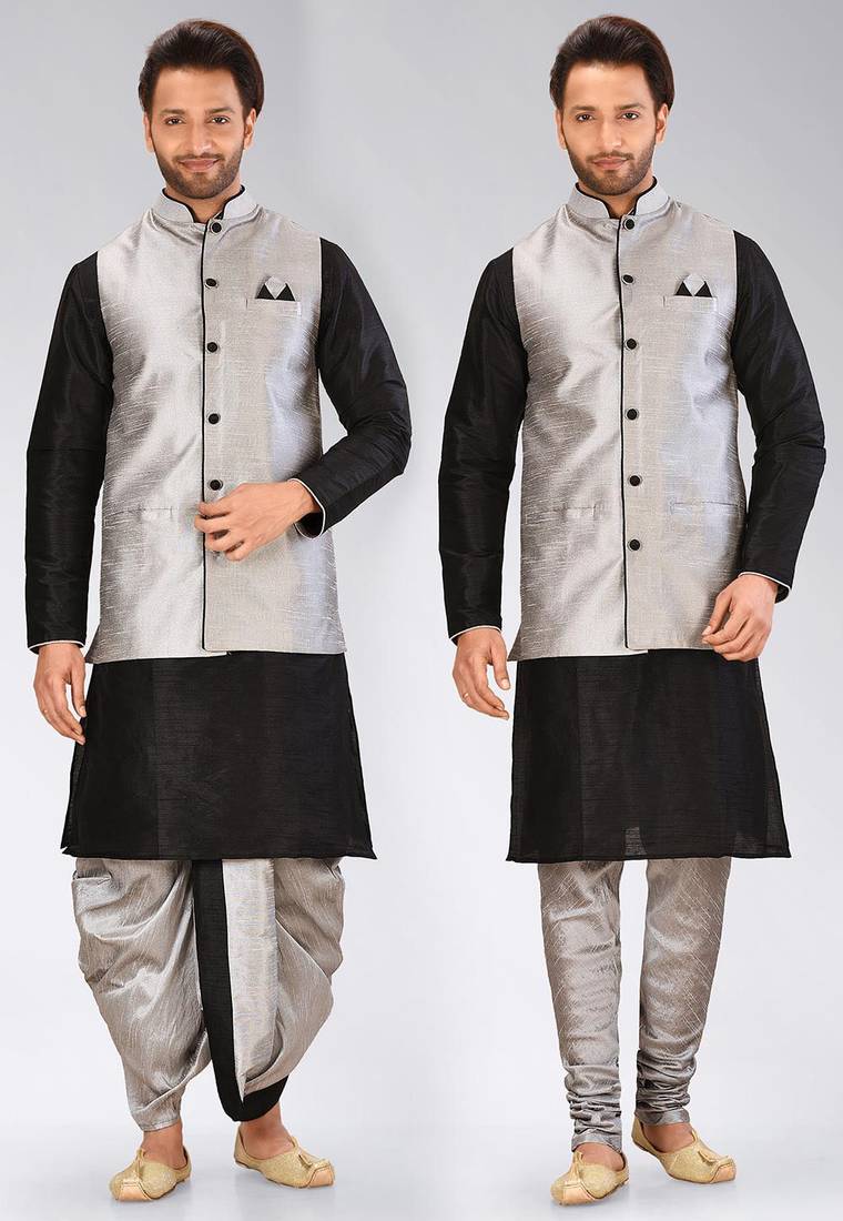 Black dupon art silk kurta, jacket with matching dhoti and churidar