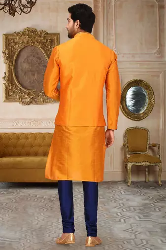 Royal blue dupon art silk kurta, jacket with matching churidar