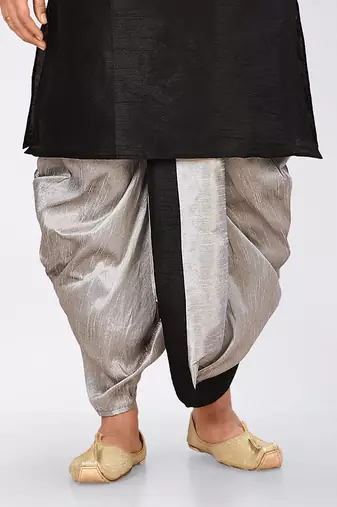 Black dupon art silk kurta, jacket with matching dhoti and churidar