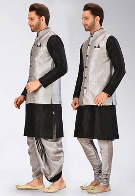 Black dupon art silk kurta, jacket with matching dhoti and churidar 4