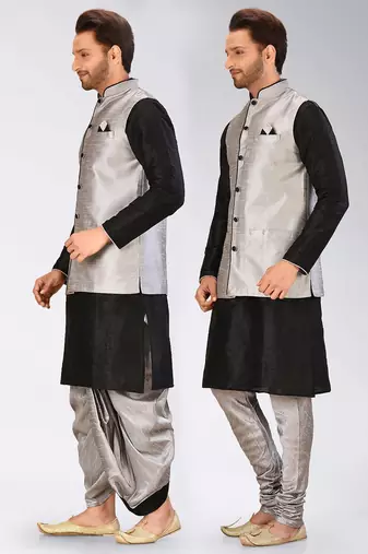 Black dupon art silk kurta, jacket with matching dhoti and churidar