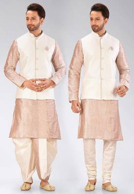 Beige dupon art silk kurta, jacket with matching dhoti and churidar 1