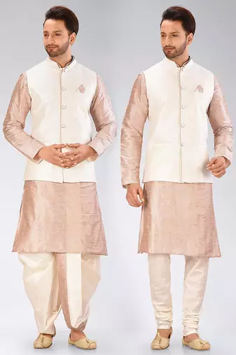 Beige dupon art silk kurta, jacket with matching dhoti and churidar