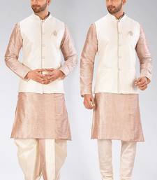 Beige dupon art silk kurta, jacket with matching dhoti and churidar
