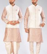 Beige dupon art silk kurta, jacket with matching dhoti and churidar