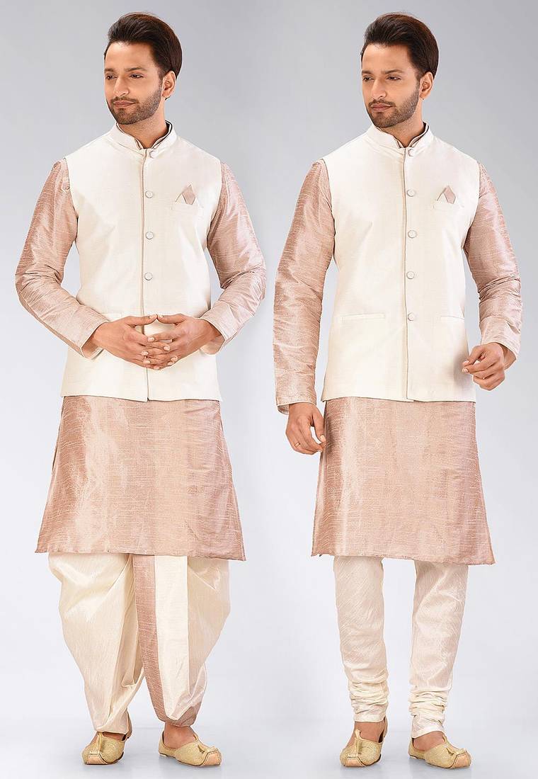 Beige dupon art silk kurta, jacket with matching dhoti and churidar