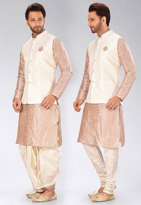 Beige dupon art silk kurta, jacket with matching dhoti and churidar 4