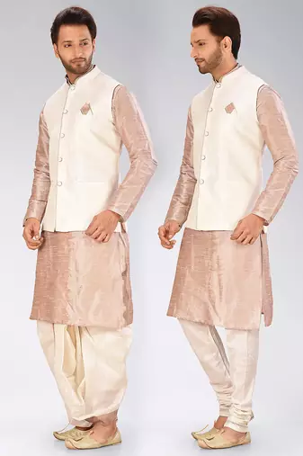 Beige dupon art silk kurta, jacket with matching dhoti and churidar